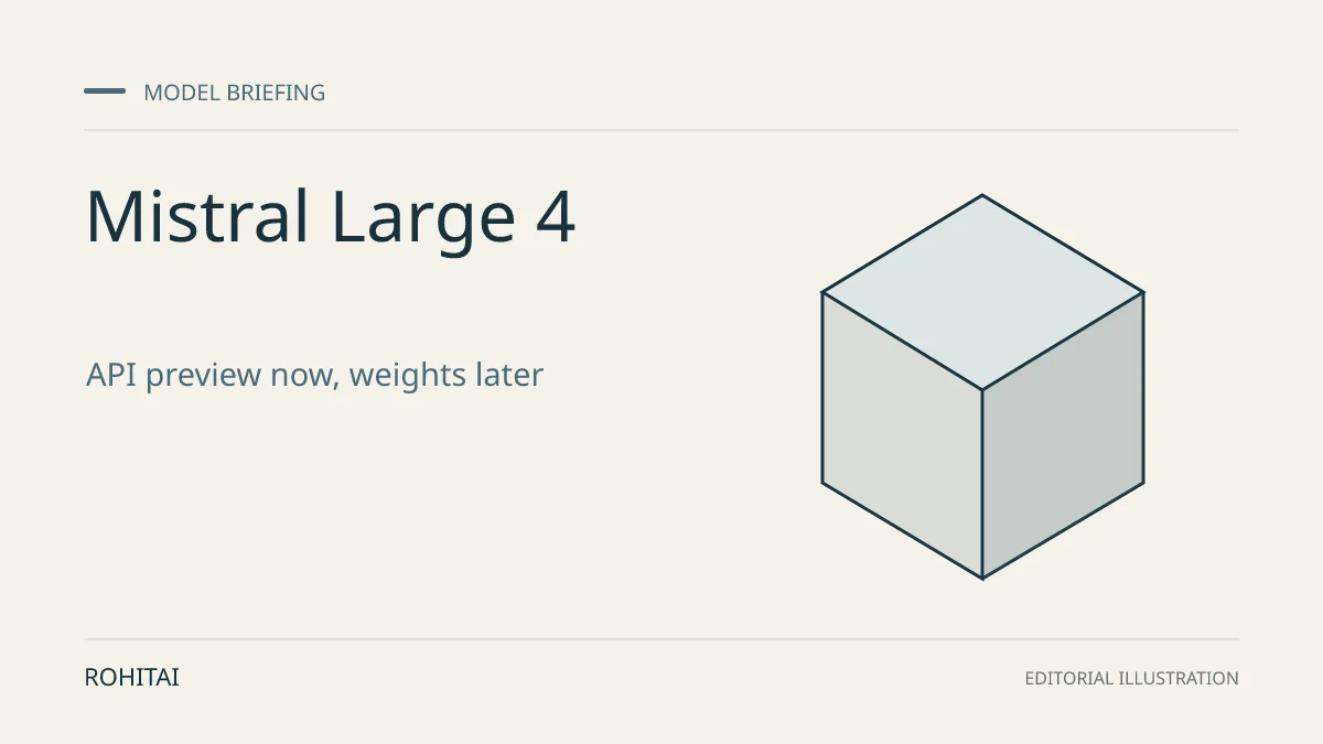 Editorial illustration for Mistral Large 4 Enters Public API Preview, With Weights Planned for Late October: a geometric block represents a model release. Not documentary evidence.