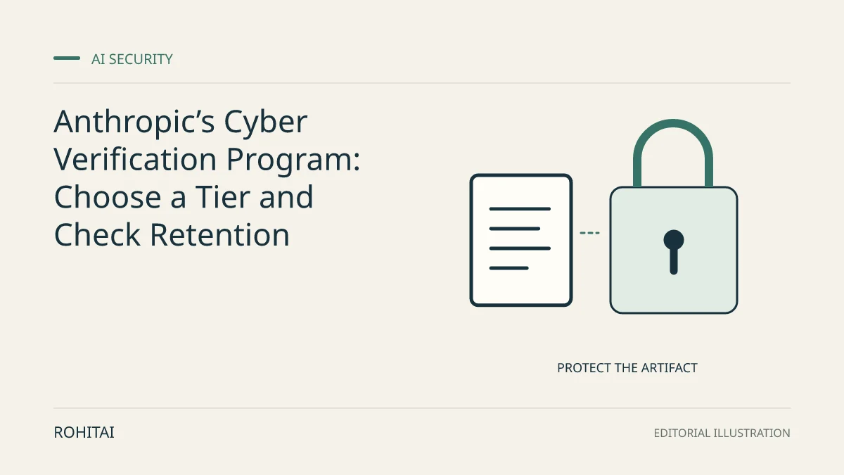 Editorial illustration for Anthropic’s Cyber Verification Program: Choose a Tier and Check Retention: a document and lock represent artifact protection. Not documentary evidence.