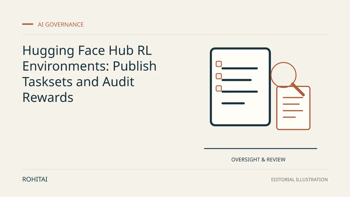 Editorial illustration for Hugging Face Hub RL Environments: Publish Tasksets and Audit Rewards: documents and a magnifying glass represent oversight and review. Not documentary evidence.