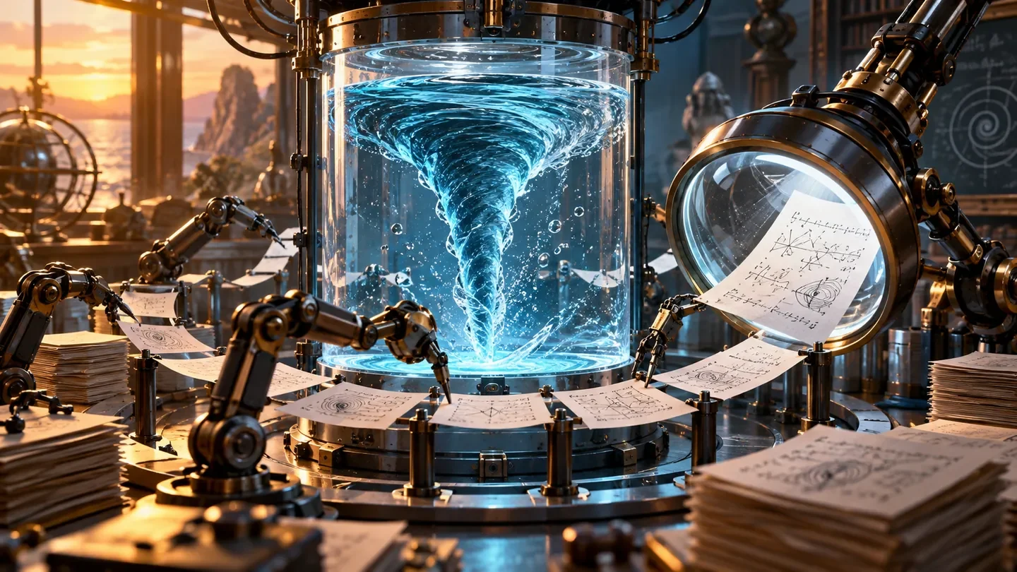 Conceptual illustration of fluid vortices, mathematical proof pages and collaborating mechanical research tools.