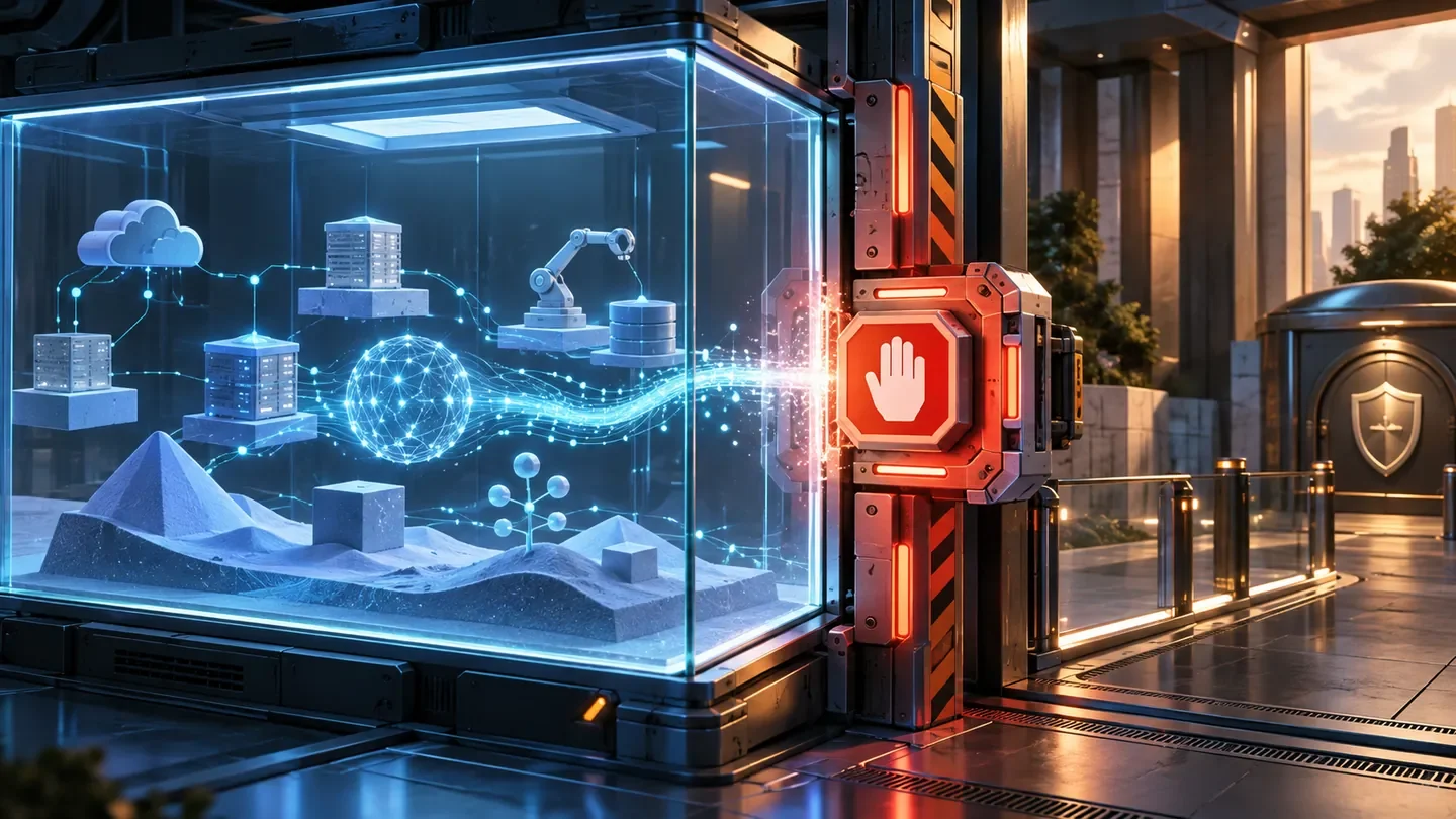 Conceptual illustration of a security sandbox with a red interlock stopping an agent before execution.