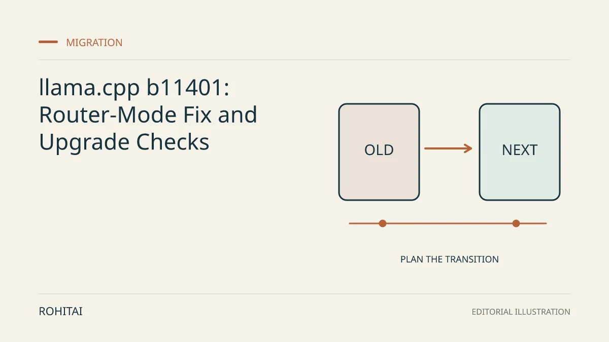Editorial illustration for llama.cpp b11401: Router-Mode Fix and Upgrade Checks: an arrow connects an old service to its replacement. Not documentary evidence.