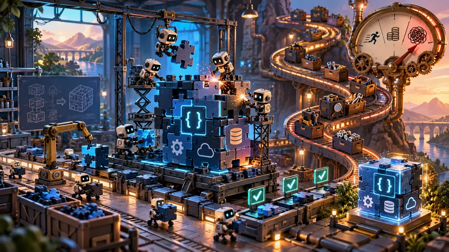 Conceptual illustration of an AI coding workshop with a meter representing compute cost.