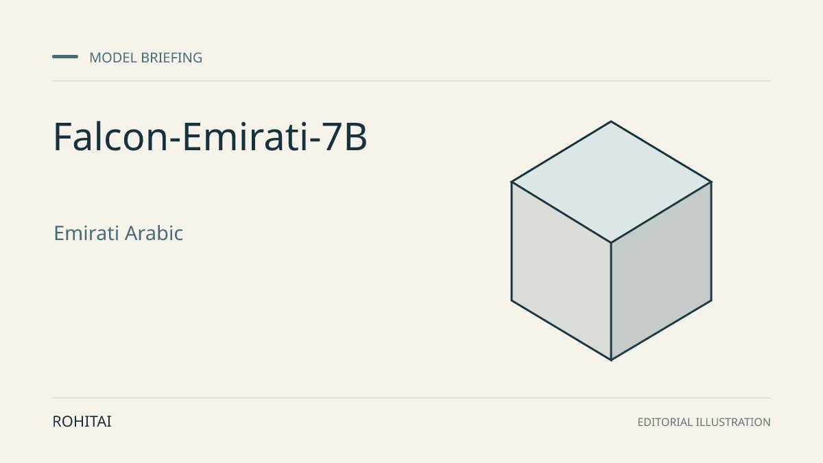 Editorial illustration for Falcon-Emirati-7B: When to Evaluate an Emirati Arabic Specialist: a geometric block represents a model release. Not documentary evidence.