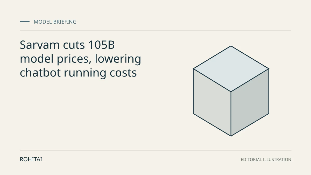 Editorial illustration for Sarvam cuts 105B model prices, lowering chatbot running costs: a geometric block represents a model release. Not documentary evidence.