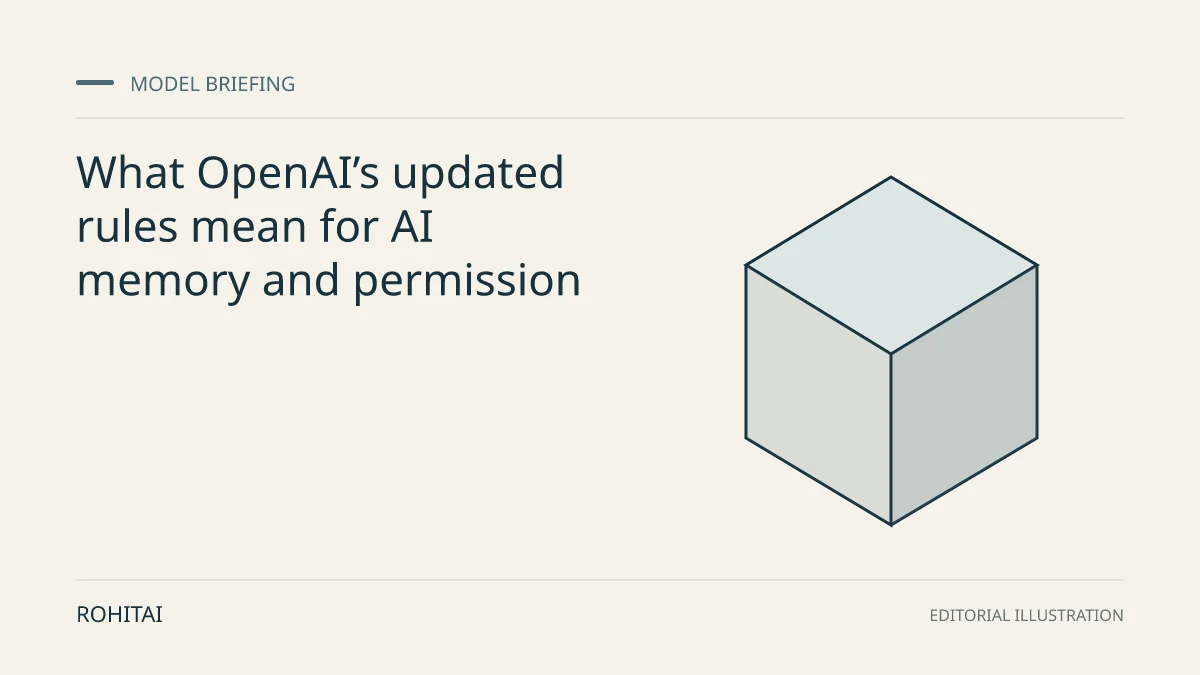 Editorial illustration for What OpenAI’s updated rules mean for AI memory and permission: a geometric block represents a model release. Not documentary evidence.
